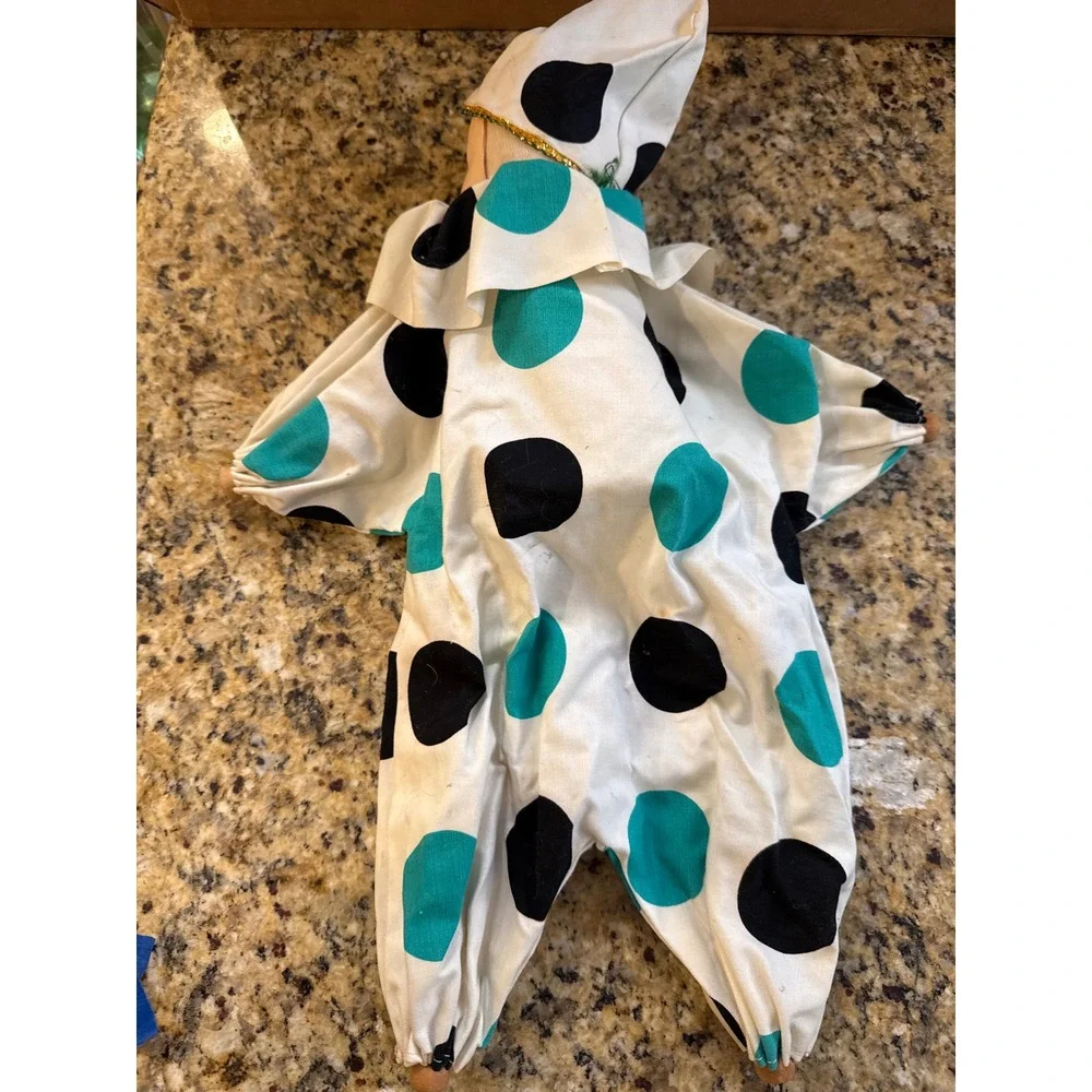 Vintage Clown Doll 16 Inch Teal Black Polka Dot Harlequin Wood Hands